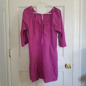 Free People Linen Blend Pink and Brown Striped Peasant Dress